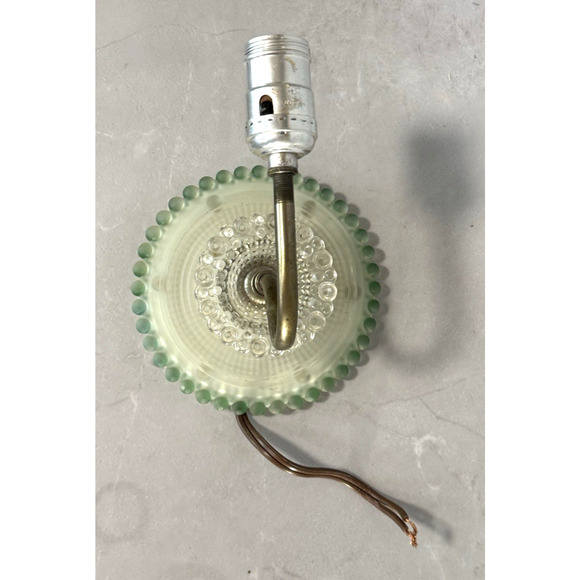 Vintage 1930s Art Deco Green Frosted Glass Wall Sconce Hobnail Beaded Backplate - Picture 12 of 12